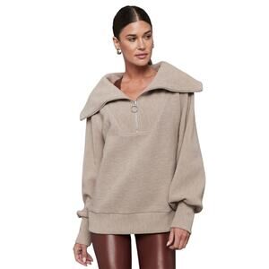 Varley Taupe Vine Half Zip Ribbed Cotton Pullover Sweater